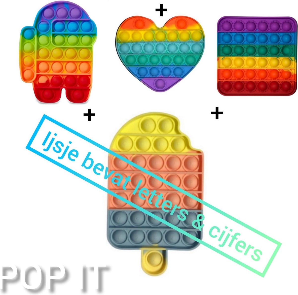 Fidget toys | Among us pakket | 4 stuks | Regenboog Among us + Regenboog vierkant + Regenboog hartje & Multi ijsje *ijsje bevat letters en cijfers* | Meisjes√ jongens√ volwassenen√ | Cadeautip